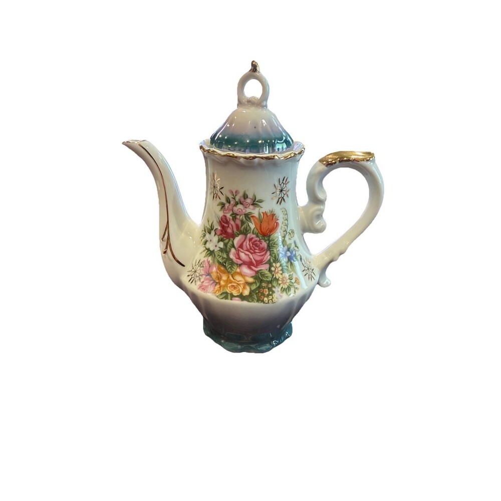 Vintage KPM Japan Floral Porcelain Teapot Gold Trim Coffee Pot Mid Century